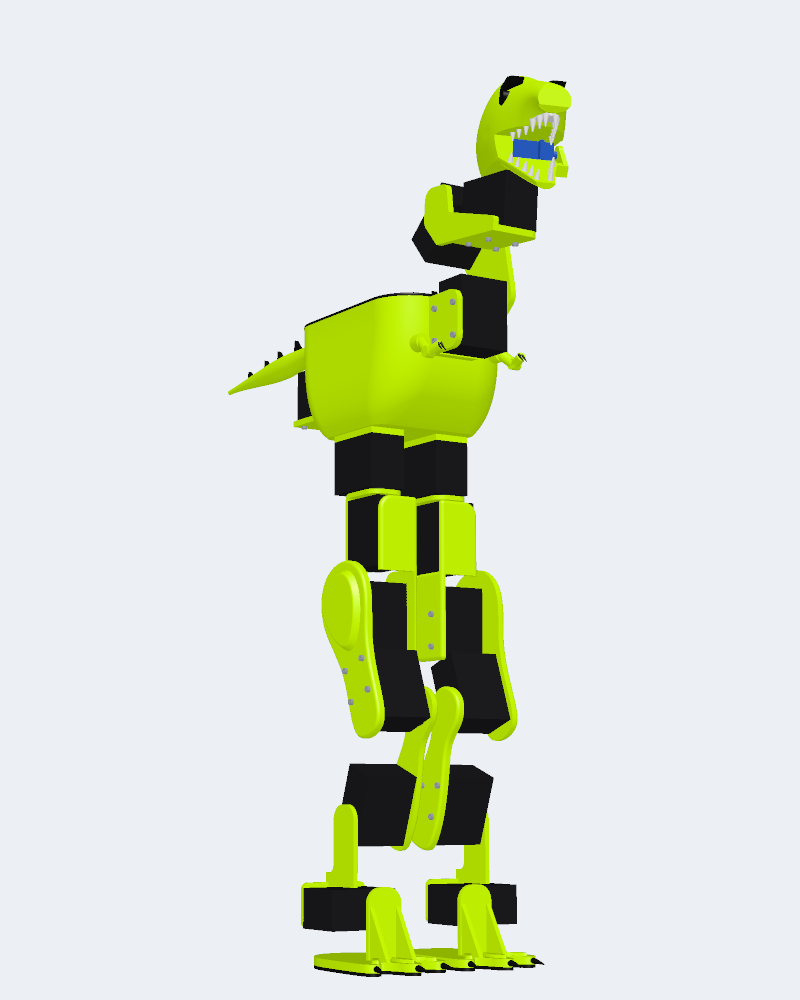 TinyRex standing, rendered in Polykrom: lime printed shells, black servos, an open jaw full of teeth and a spiked tail.